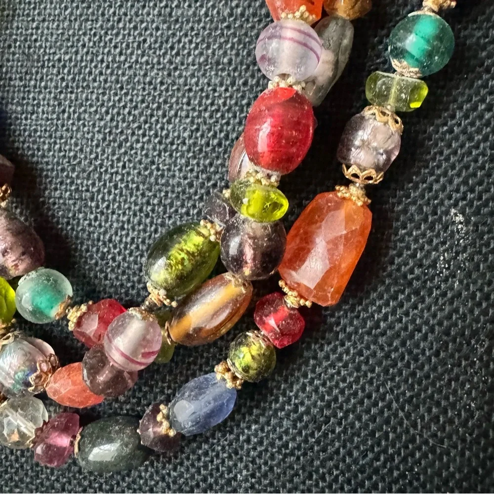 VTG Czech Multicolor 16” Glass Bead 3 Strand Necklace‎ Gold Accents Boho Chic